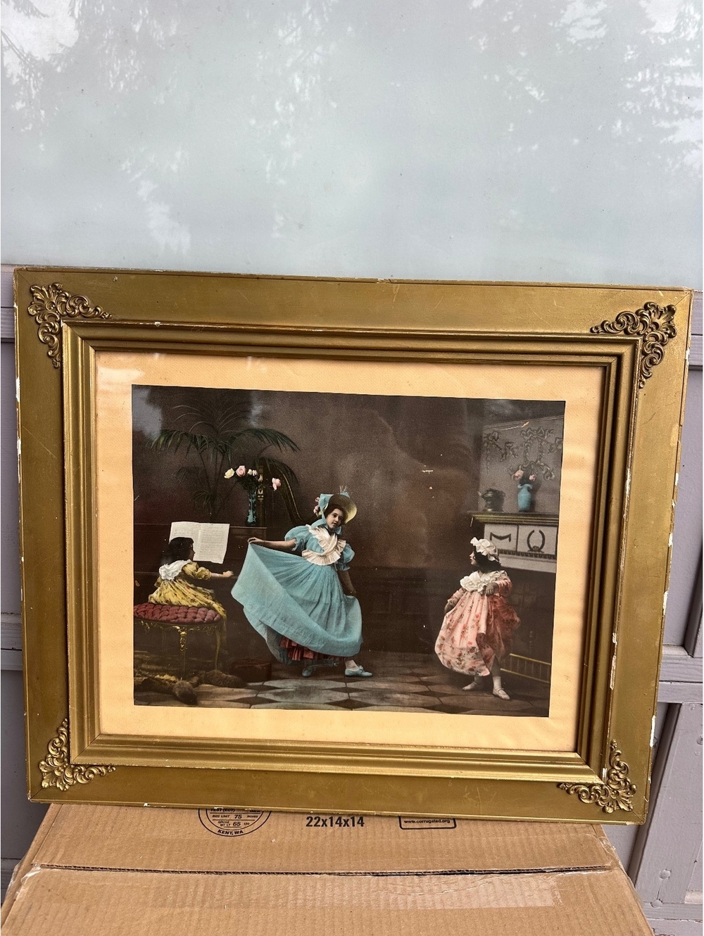 Vintage Framed Victorian Girls Dancing Color Print Gold Ornate Frame 21x25